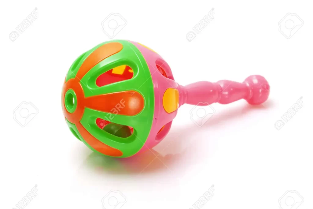 12417902 colorful baby rattle on white background