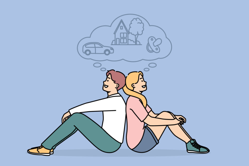 happy dreamy couple imagine bright future together smiling man and woman dream of shared life make plans for motherhood realty and car family planning illustration vector